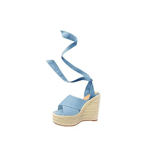 Minetom Mujer Sandalias Dulce Alpargatas Chancletas De Tacón Alto Plataforma Cuña Playa Zapatos de Verano Hebilla Espadrille Sandals Azul EU 42