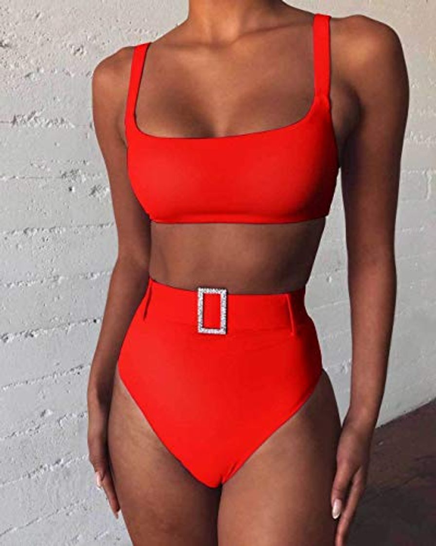 Social LZRDZSW De cintura alta del bikini púrpura sólido alta de la pierna del Rhinestone de la correa del traje de baño traje de baño de la playa empuja hacia arriba el acolchado de dos piezas de baño Biqui