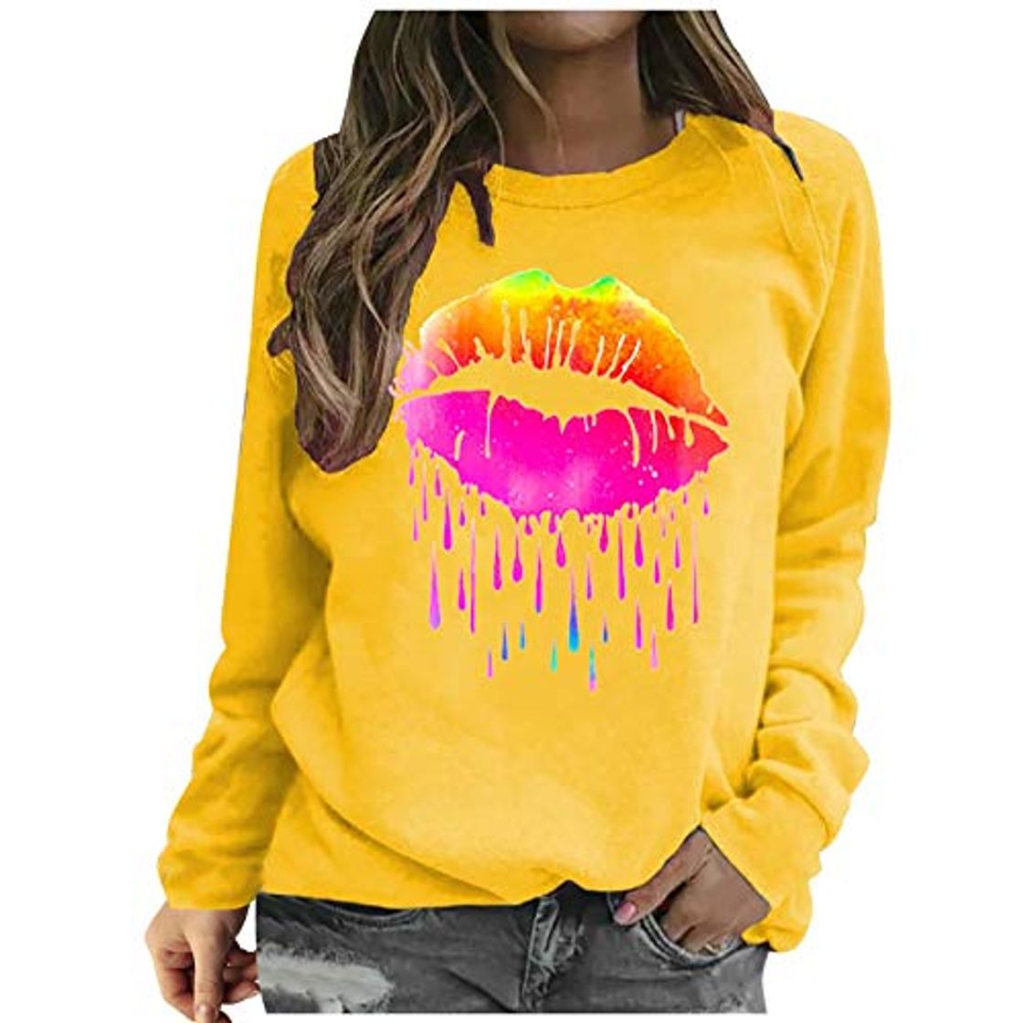 Fashion YANFANG Tops de Blusa Camisas para Mujer de Manga Larga con Labios deslumbrantes de Moda Casual Blusa Tops Pullover a la Moda Sweatshirt Invierno Negro Gris Rosa Amarillo