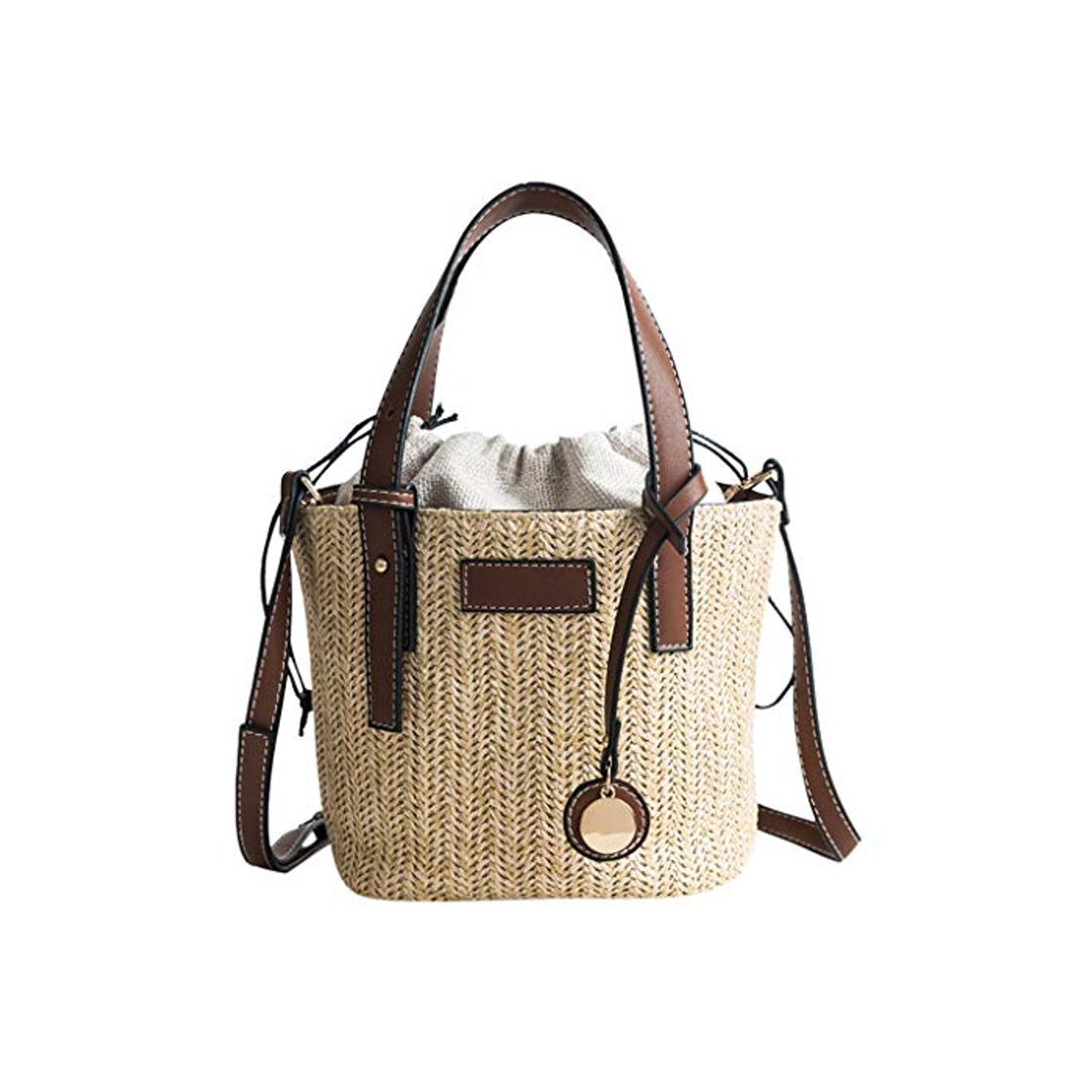 Social Luckycat Bolso Cubo De Verano Bolso De Playa Paja Bolso De Tejido para Mujer De Viaje Moda Femenina Crossbody Bolsos para Damas Tejido Hecho A Mano Redondo Bolsos de Hombro de Ratán Bolsa Feminina