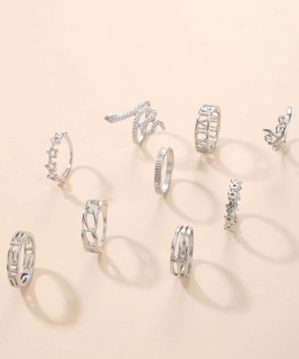 9pcs Hollow Out Rhinestone Ring 