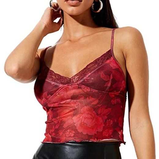 Blouses Y2K Crop Top Floral Print Lace Cami Sexy Malla Sheer Ver Aunque Espagueti Correa Top Sin Mangas Streetwear Ropa de las Mujeres 2020