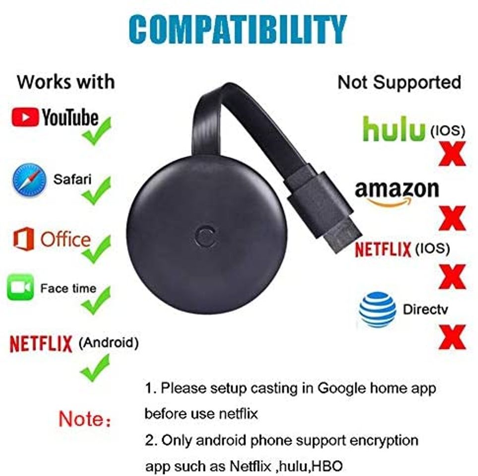 Social WJTRK1 Google Chromecast 3 para TV, Ultra HD 4K Dongle WiFi, 1080P