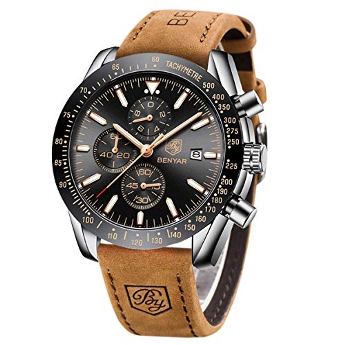 Social BENYAR Reloj cronógrafo para Hombre Movimiento de Cuarzo Correa de Cuero Fashion Business Sports Watch 30M Impermeable Elegante Regalo de los Hombres