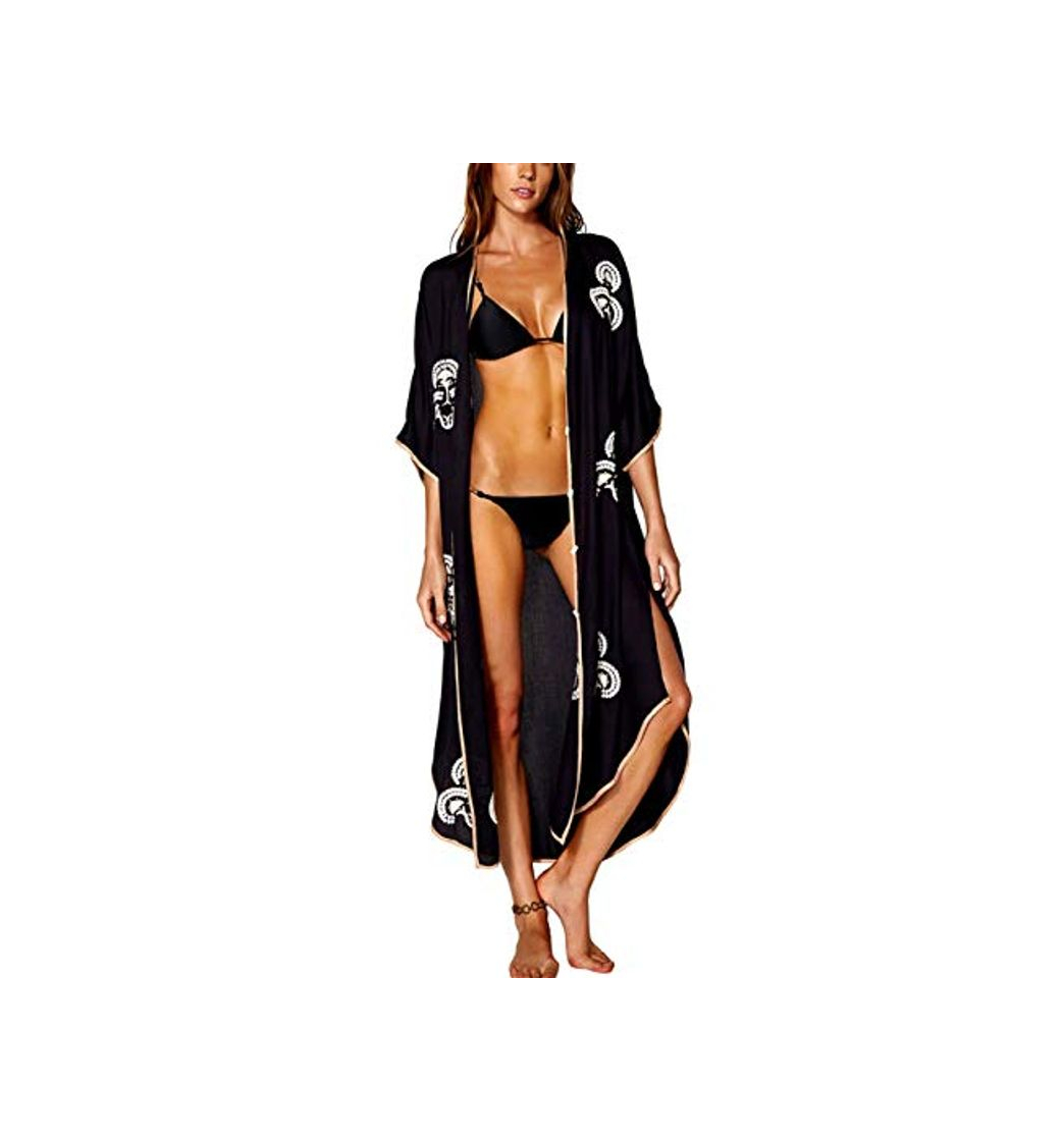 Productos Bsubseach Vestido Largo de Playa de Bordado de Algodón Botón Pareos Kimono Cárdigan para Mujer Cubre Bikini