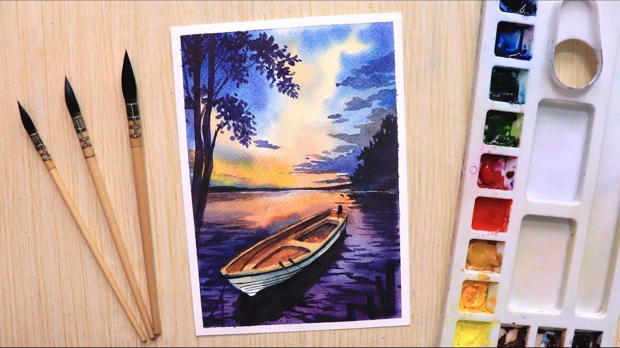 Fashion Watercolor painting of Beautiful sunset and boat step by...