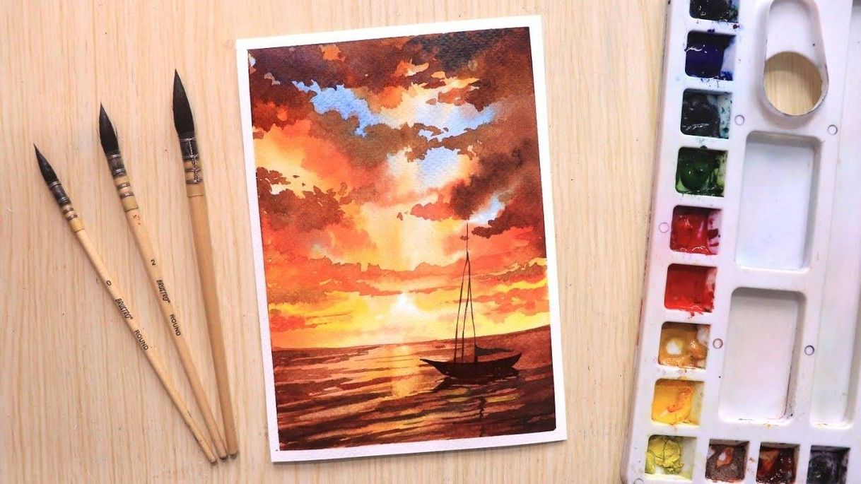 Fashion Watercolor painting for beginners beautiful sunset and boat