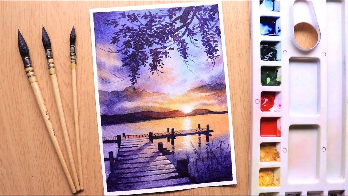 Fashion Watercolor painting of sunset evening landscape of river...