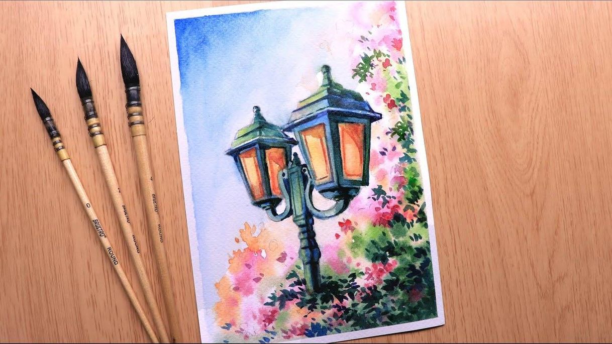 Social Watercolor painting beautiful flower tree and street lamp