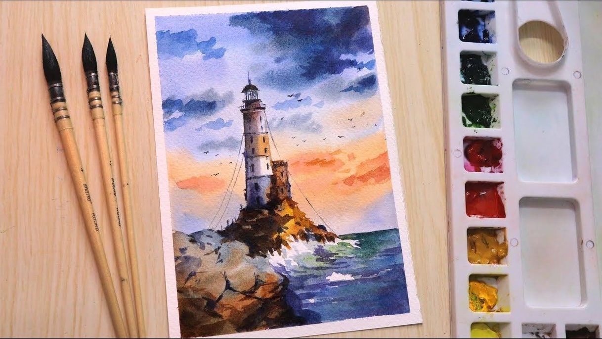 Social Watercolor painting of beautiful seaside landscape...