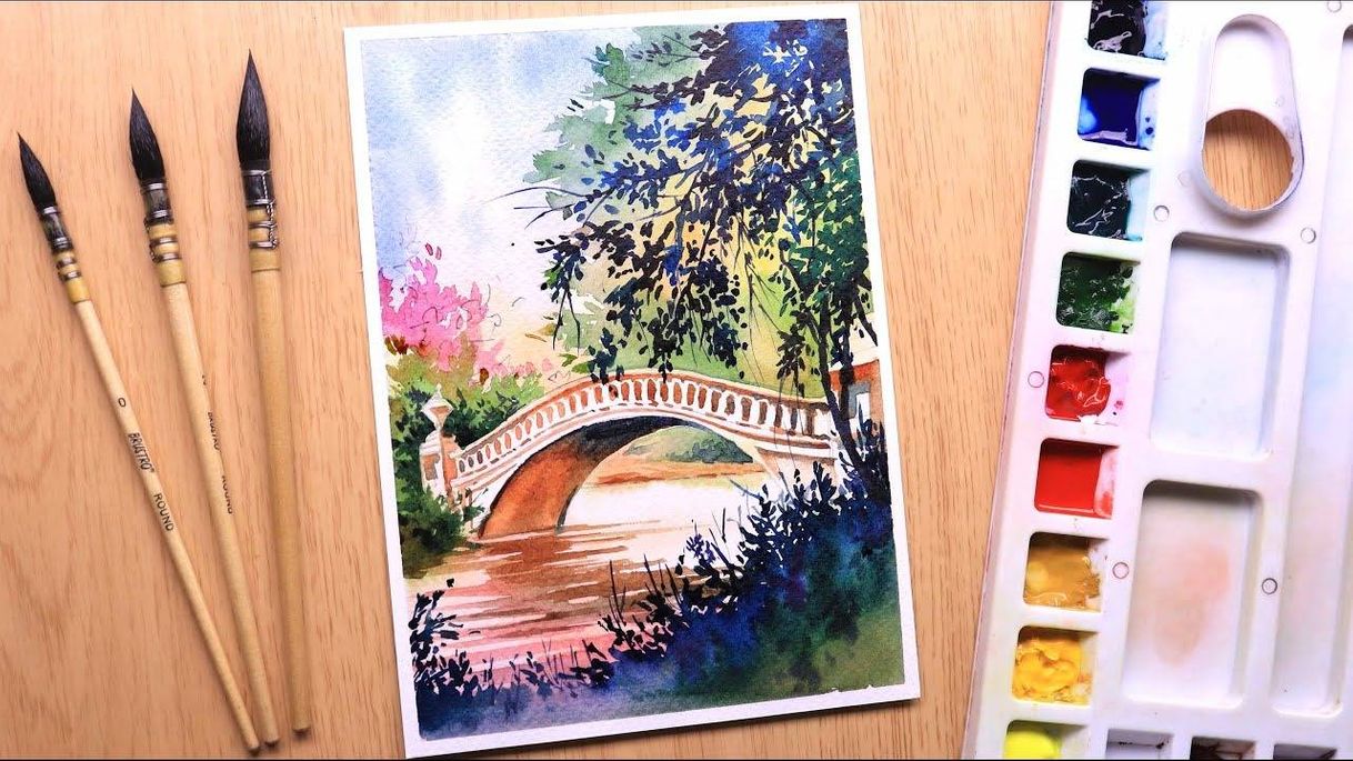 Social Watercolor painting idea of beautiful landscape tree and...