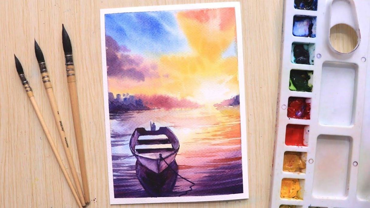 Social Watercolor painting of beautiful seascape with boat easy...