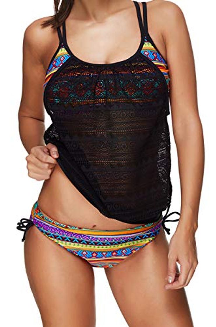 Moda Ocean Plus Mujer Tankini de Malla Acolchada y Colorida con Calzoncillos Bikini