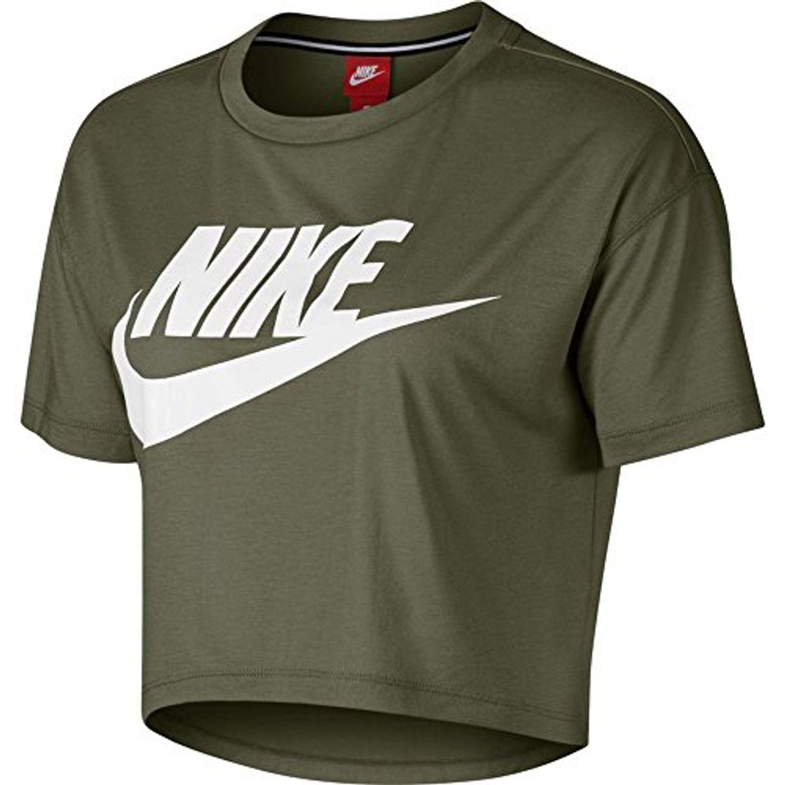 Fashion NIKE Essential Cropped Alto de Manga Corta Mujer, Mujer, AA3144-395, Olive Canvas/