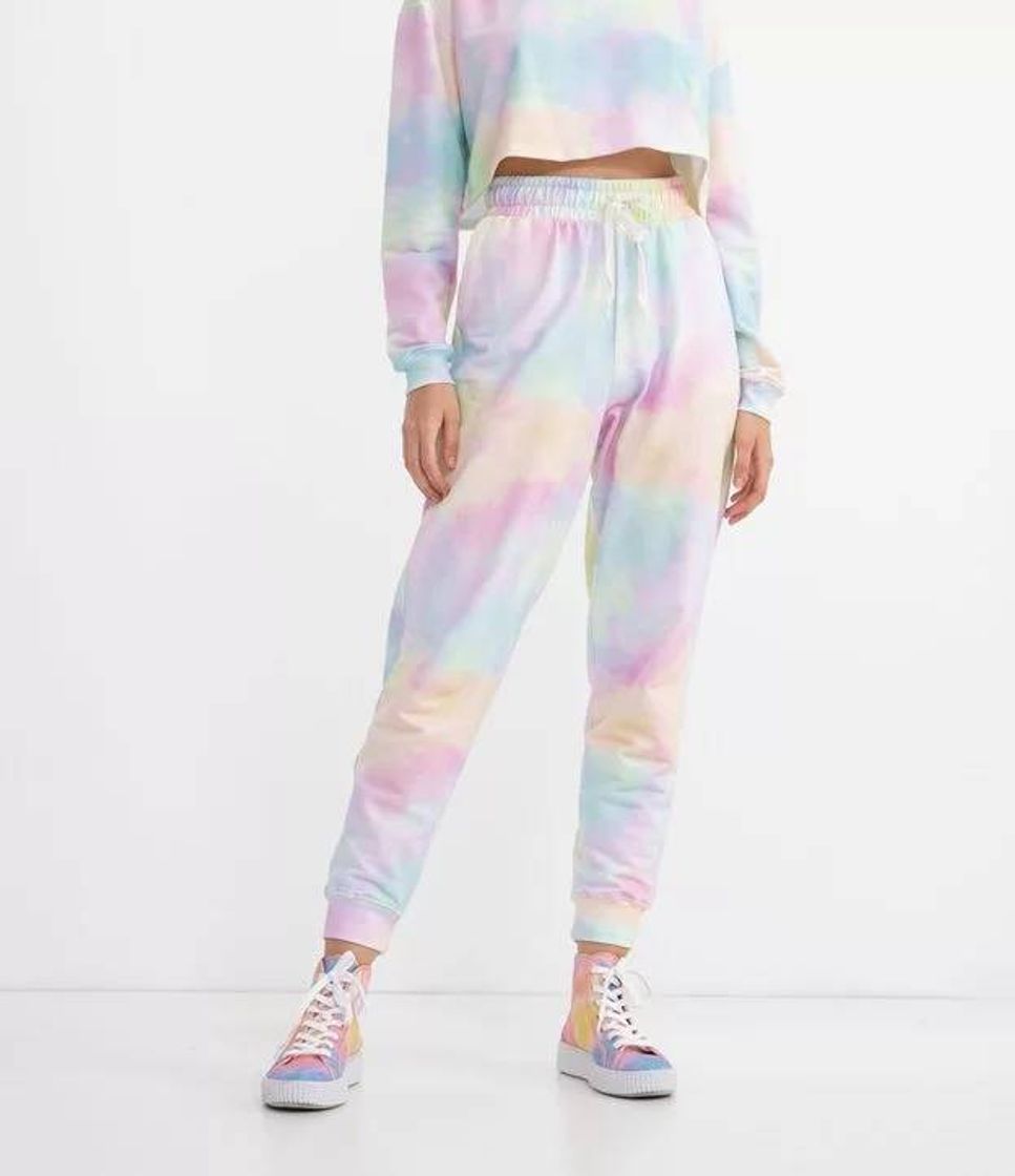 Moda Calça Jogger em Moletom Estampa Tie Dye Multicores