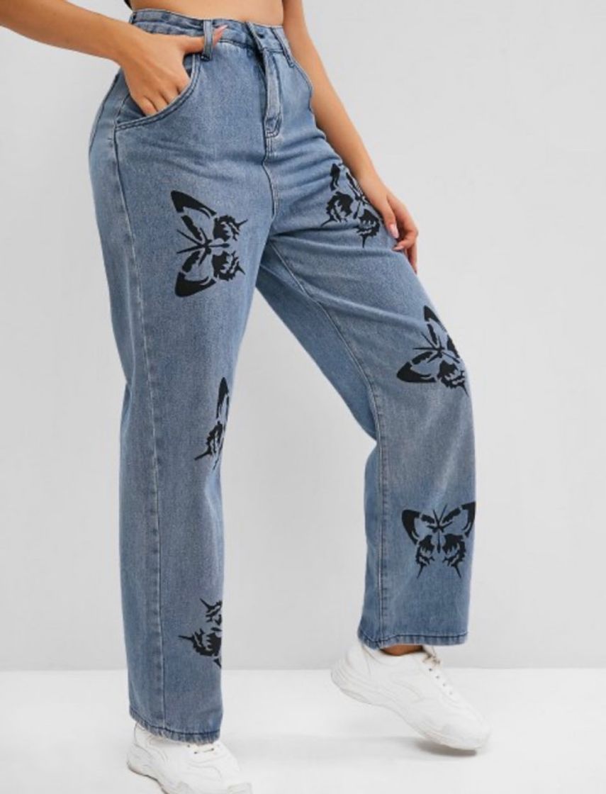 Fashion Jeans De Alta Cintura Com Estampa De Borboleta - Azul L