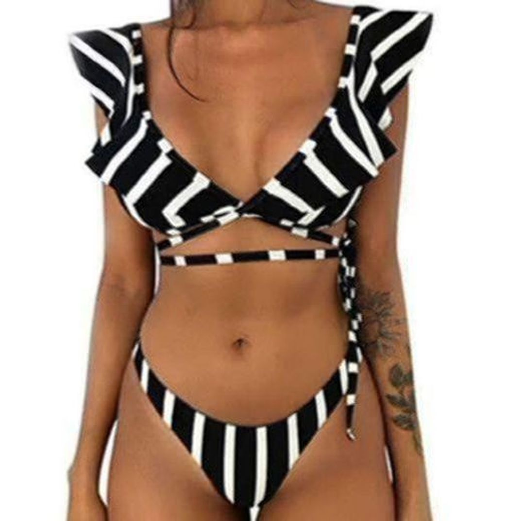 Bikini de Volantes Triangulo Push Up Mujer Trajes de Baño Flores de Dos Piezas Biquini Brasileño Rayas Vikini Bikinis Brasileña Señora Bañador Piscina Playa Mujeres Bañadores Natacion Blanco Negro M
