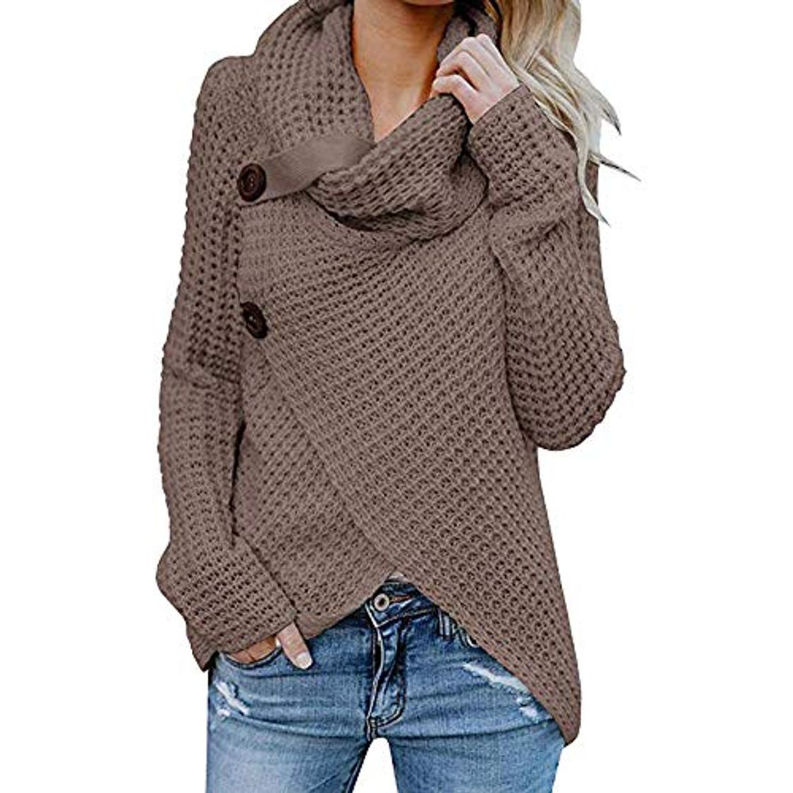 Fashion Jerseys De Punto para Mujer Cuello de Tortuga Manga Larga Suelto Prendas de Punto Suéter Irregular Jerséis Collar de la Pila Tops Cálido Otoño Invierno riou