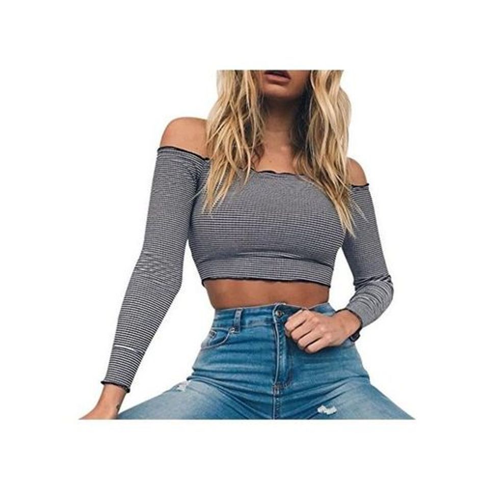 Fashion Camiseta Corta de Manga Larga, Holacha Blusa sin Tirantes Apretado Tops para Mujeres (S