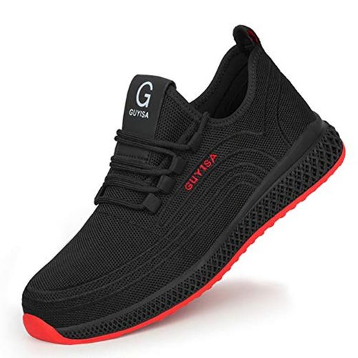 Hombre Calzado de Seguridad S3 Mujer Zapato Trabajo Antideslizante Transpirable Ligeras Zapatos de Industria Unisex Negro Rojo 37