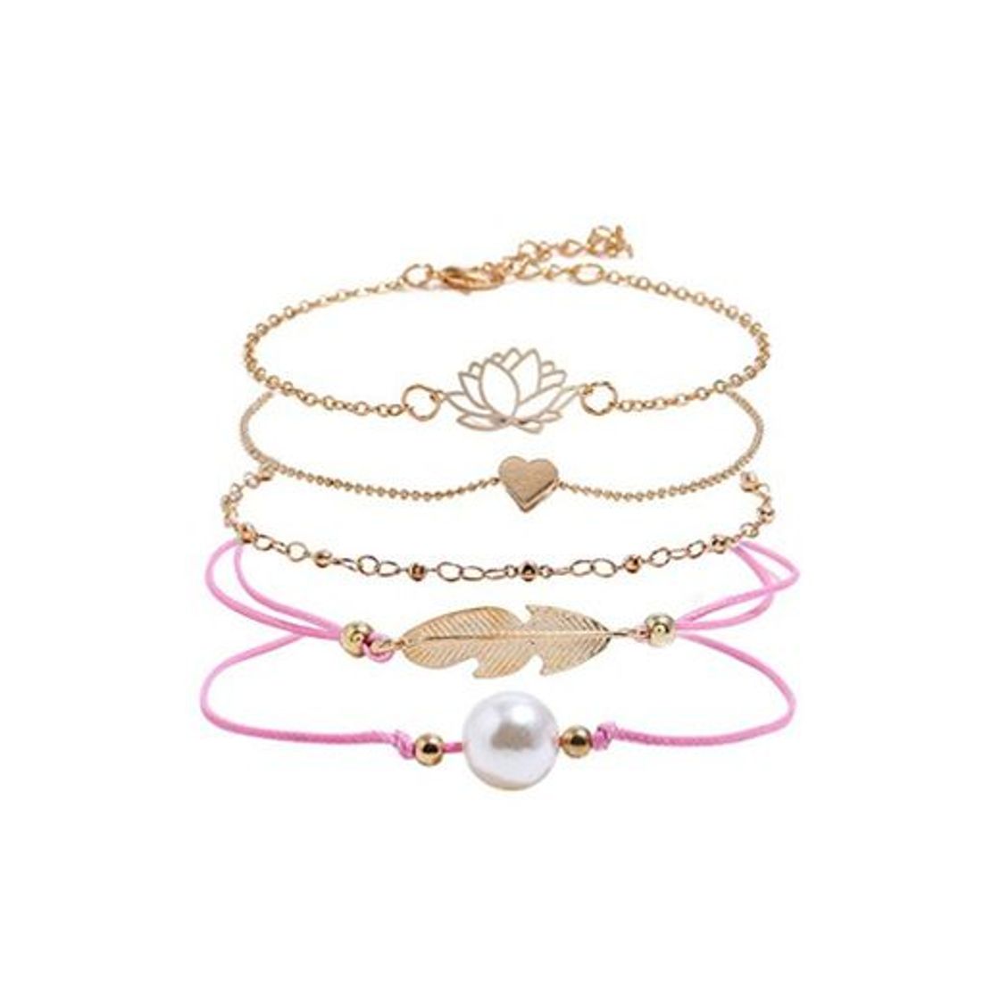 Products FENICAL 5 piezas pulseras de aleación de perlas de loto huecas elegante hoja amorosa pulsera de corazón cuerda trenzada pulseras de aleación brazalete de cadena de muñeca para mujeres niñas