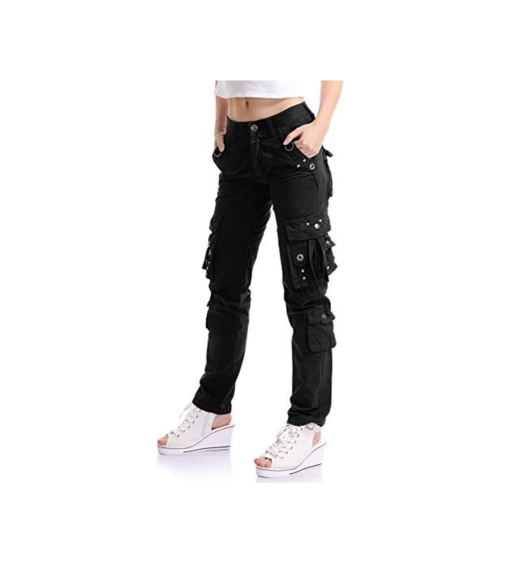 Moda OCHENTA Mujer Uniform Combat Cargo para 8 Bolsillos de Seguridad Pantalones Negro