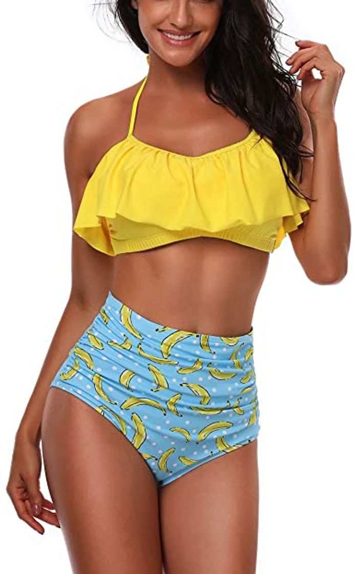 Fashion heekpek Bikini Mujer con Volantes Halter Top Relleno Cintura Alta Biquini Tallas