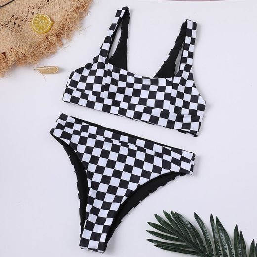 Womens Chess Checkered Two Pieces Sexy Bikini Set Swimsuits Halter Neck Padded Bathing Suit Swimwear