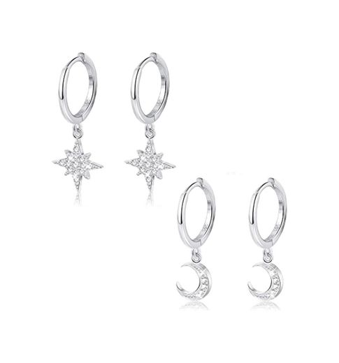 Milacolato 2 Pares de Plata de Ley 925 Moon Star Cuelga el Pendiente de Aro CZ Drop Huggie Cartilage Cute Earring Set para Mujer