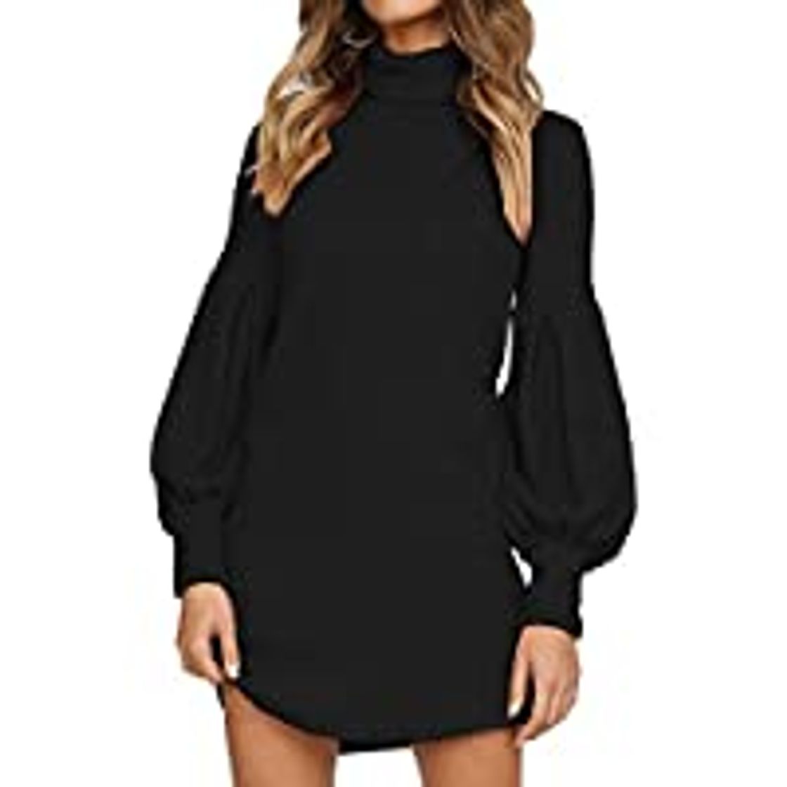 Fashion Hawiton Vestido de Punto para Mujer Elegante Vestido de Suéter de Cuello Alto Jersey de Manga Larga de Una Línea para Otoño Invierno