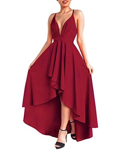 Mujer Vestido Largo Sin Mangas Backless Vestidos de Noche Fiesta Partido Coctel Dresses Vino Rojo S