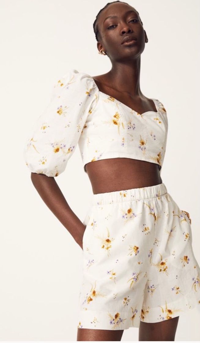 Moda Blusa curta com linho - Creme/Floral - SENHORA | H&M PT