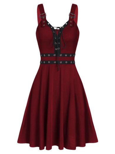 Lace Up Solid Fit And Flare Gothic Dress In RED 