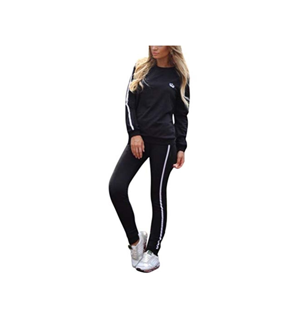 Moda Minetom Mujeres Manga Larga Chándales Sudadera Pantalones Deportivos a Rayas Trajes 2 Piezas Monos Jumpsuit Deportes Jogging Yoga Outfit Negro ES 38