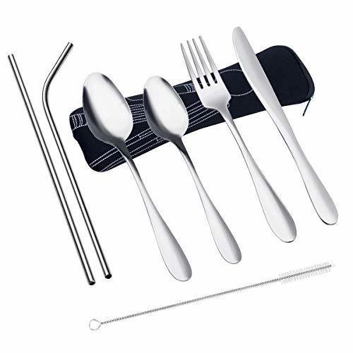 Social NATUCE 8PCS Cubiertos, Cubiertos de Camping de Acero Inoxidable, Picnic Cubiertos Trabajo,