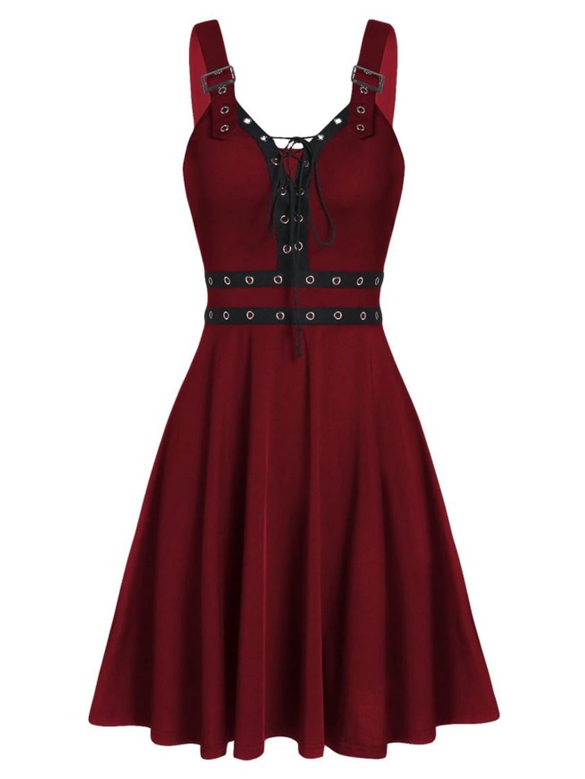 Productos Lace Up Solid Fit And Flare Gothic Dress In RED 