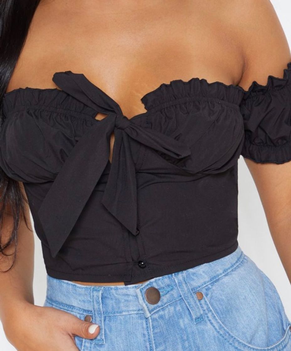 Petite Black Frill Detail Crop Blouse 