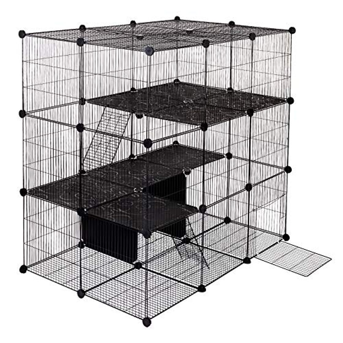 Producto ELIGHTRY Parque para Mascotas Jaula Perros Conejos Valla para Animales Pequeños Cobaya Hámster Gatito Cachorros de Malla Metálica Ajustable con Puerta&Escalera DIY 52 Paneles Negro 109 x 74 x 109 cm