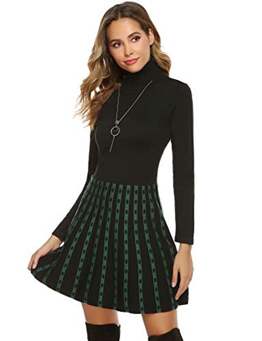 Fashion Hawiton Vestido de Punto para Mujer Vestido de Suéter de Cuello Alto Elegante Jersey de Manga Larga de Una Línea para Otoño Invierno