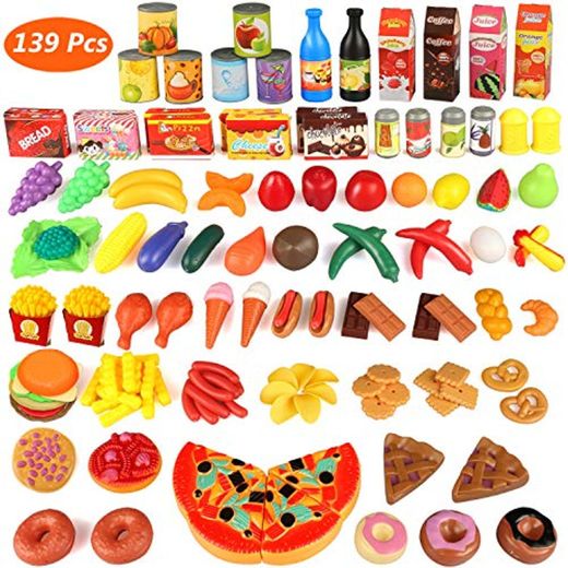 joylink 139pcs de Juguetes Cortar Frutas Verduras Pizza Juego de Plástico para Niños Juguetes Temprano Eeducativos Set de Alimentos de Corte Juguete del Bebé