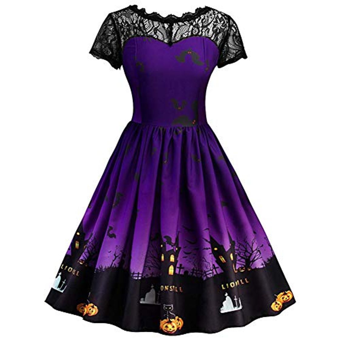 Fashion Vestido de Halloween con Encaje Estampado Negro, Covermason Vestido de Noche de