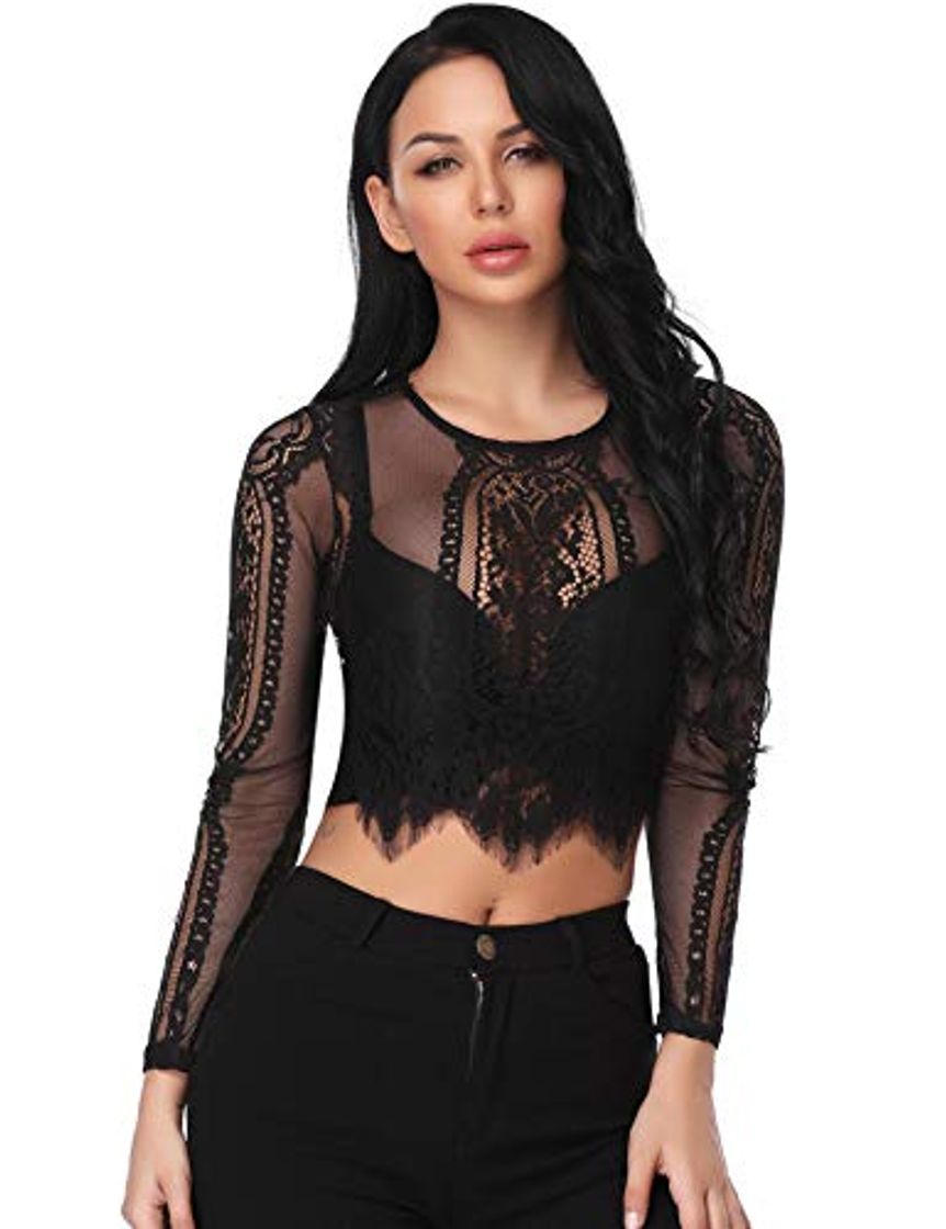 Moda Abollria Camiseta Transparente para Mujer Lace Top Corto Blusa de Malla Manga Larga Sexy Top de Encaje de Cuello Redondo para Primavera Verano