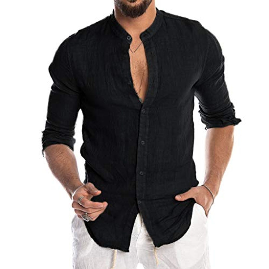 Fashion Luckycat Hombre Camisa de Lino sin Cuello Camisa Hombre Cuello Mao Lino Blusa Manga Larga Camisas Top Sin Cuello De Color Sólido Blusas Suelta Camisas De Trabajo Suave Cómodo Transpirable