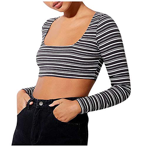 Fashion YANFANG Camiseta de Manga Larga con Hombros Descubiertos y Hombros Descubiertos para Mujer Ajustada con Cuello en U Corta Sexy Primavera Verano