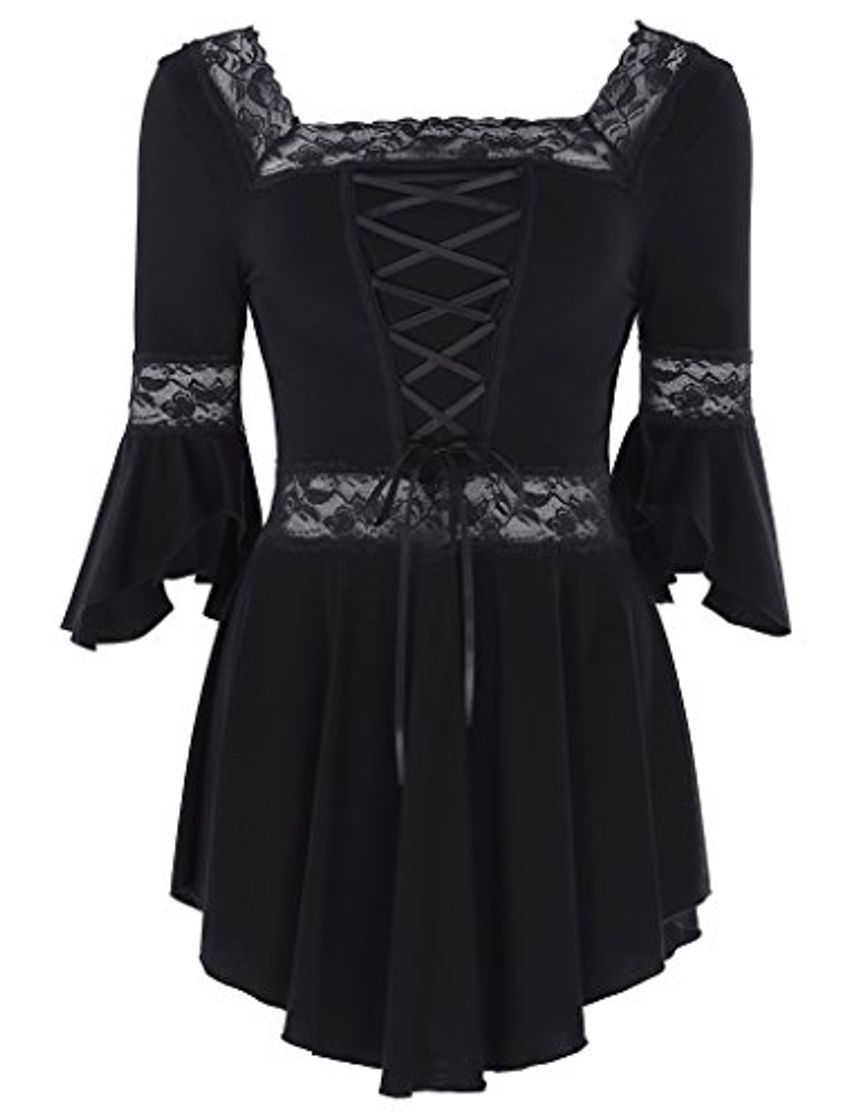 Fashion Belle Poque Tops Blusa Gotica de Steampunk de Las Mujeres Ajustado de Cuello Cuadrado Negro L