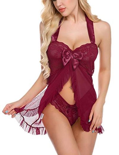 Sykooria Encaje Lencería Conjunto Mujer Ropa de Dormir Camisón Suave Frente Abierto Camisón Mini Vestido con Cuello Halter