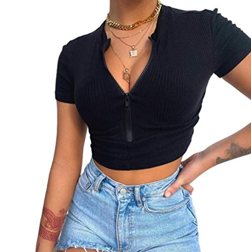 Fashion Crop Top Mujer Camisetas Manga Corta Verano Cuello en V Sexy Casual