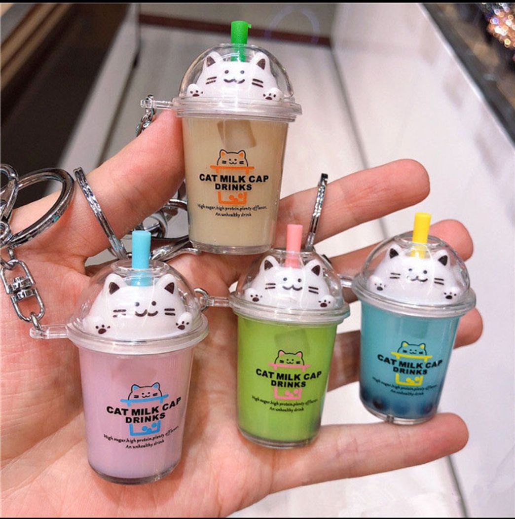 Social Cartoon Cute Cat Car Keychain Creative Milk Tea Cup 