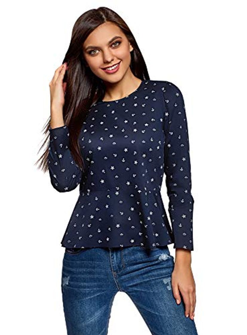 Product oodji Ultra Mujer Blusa de Algodón con Cremallera en la Espalda, Azul,