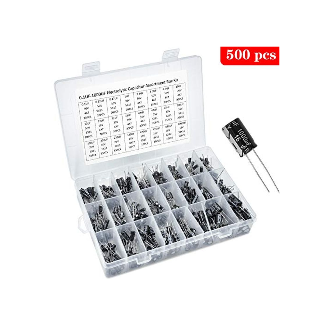 Product Wandefol 500pcs 25 Valores Kit de Transistores, Condensadores Electrolíticos Gama 0.1uF-1000uF, Caja